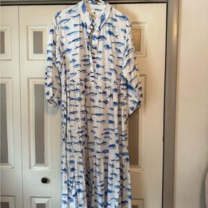 Anthropologie Maeve Blue and White Fish Maxi Dress